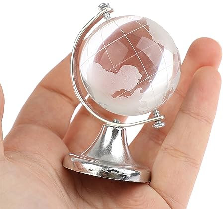Mini Globo Decorativo, Globo Terráqueo de 2,6 Pulgadas, Bola de Cristal, Esfera de Cristal 3D, Globo de Cristal 3D con Soporte para Dormitorio, Adorno de Escritorio, Recuerdo, Decoración (Plata)