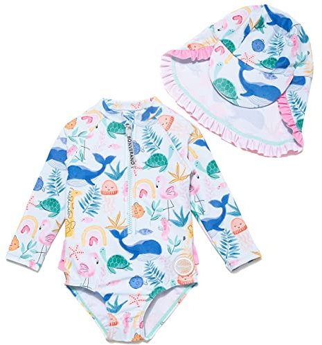 Mazuliso Bebé Niñas Traje de Baño una Pieza Manga Larga UPF50+ Bañadores con Cremallera y Sombrero(Fish,92-98 CM)
