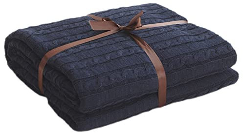 Lifup Cotton Soft Knitted Throw Blanket, Solid Cable Knit Throw for Couch Chair Sofa Bed Navy Blue 70.9x78.7