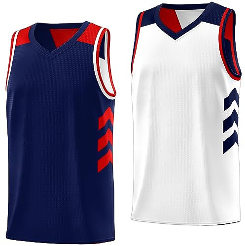 KXK Herren Basketball-Trikot Blank Wendbar Team Uniform Athletic Hip Hop Basketball Shirts S-4XL, Marineblau/Weiß-5, XX-Large