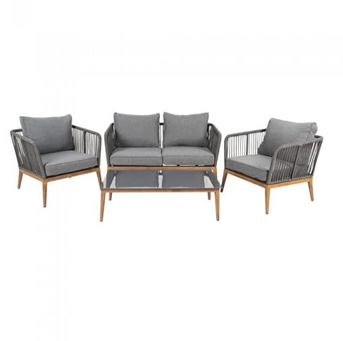 Grindi - Gartenmöbel Lounge Set, Seilgeflecht, Seilbespannung, Balkonmöbel - 4 Personen, mit Sofa, Tisch & Stühlen - grau, Nita - wetterfest Sitzbezüge - für Garten, Balkon, Terrasse, Flache