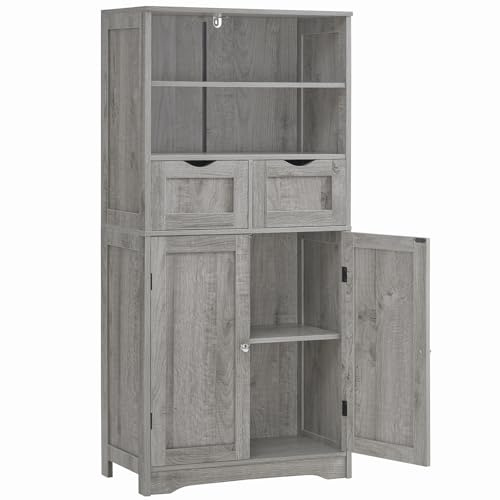 Iwell Storage Cabinet with 2 Drawers & Adjustable Shelf, Tall Bathroom Cabinet with Doors, Cupboard, Kitchen Cabinets for Living Room, Dining Room, Entryway, Grey