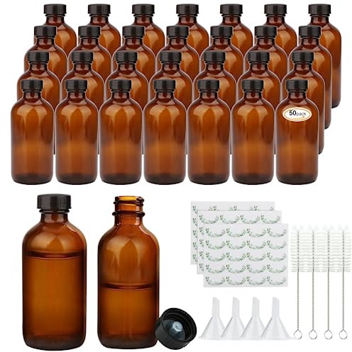 Amber Glass Bottles Set of 50, 4oz Boston Round Glass Bottles with Leak-proof Caps, Chalk Labels, Funnel, Refillable Container for Homemade Vanilla Extract, Essential Oils, Herbal Medicine and More