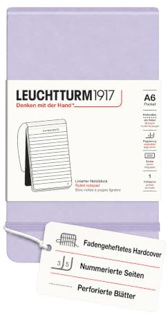 LEUCHTTURM1917 Notizblock Pocket A6 Hardcover, Lilac, Liniert | 184 nummerierte Seiten, Fadenheftung, perforierte Blätter, Inhaltsverzeichnis, Verschlussgummi