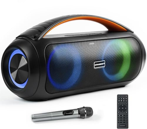 DYNASONIC D93 - Enceinte Bluetooth Portable IPX5 Hautparleur Waterproof. Enceinte d'extérieur sans Fil. Stéréo sans Fil. Lecteur de Son Puissant avec lumières LED intégrées. Micro-SD, Radio FM, USB.