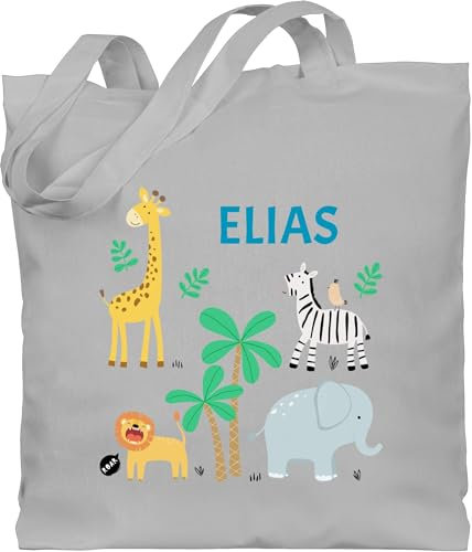 Baumwolltasche - Safari Tiere Zootiere Zoo Giraffe Zebra Löwe Elefant - Unisize - Hellgrau - stoffbeutel kindergarten personalisierte geschenke beutel personalisierter jutebeutel kinder tier