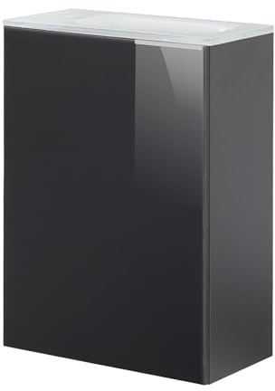 FACKELMANN Kara Waschbeckenunterschrank schmal – Unterschrank für Waschtisch im Gäste-WC (44 cm x 60 cm x 24,3 cm) – Türanschlag Links – SBC Badezimmerschrank hängend in Anthrazit/Schwarz Hochglanz