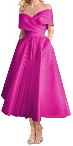 Vestido de fiesta de satén con hombros descubiertos para mujer, longitud del té, acampanado, vestido formal de boda con bolsillos, fucsia, 60 Más