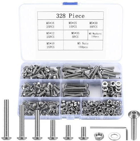 Set da 328 Pezzi Viti a Brugola con Dadi e Rondelle, M5 Filettate, Testa Cilindrica con Chiave Esagonale (328 Argento)
