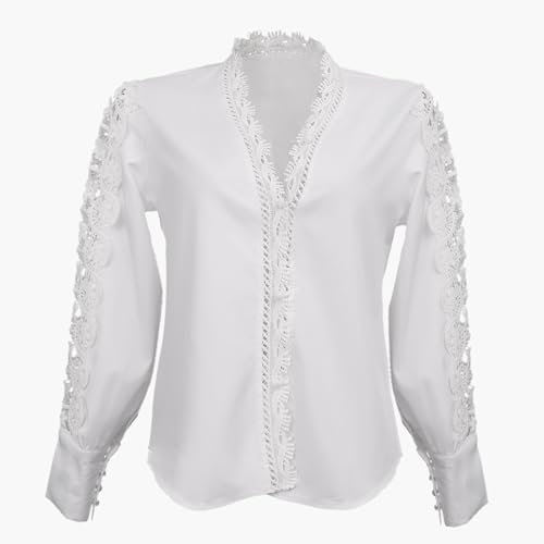 Satohom Camicia Donna Camicette Scollo a V Manica Lunga Tunica Bluse Maniche Elegante Magliette in Pizzo Casual Shirts Tops Classico Estate,Bianco,S-L