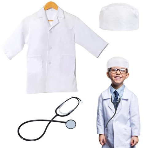 XNIVUIS Kinder-Wissenschaftler-Kostüm Forscher-Kostüm, Kinder-Arzt-Kostüm, Kinder-Wissenschaftler-Laborkittel mit Hut und Stethoskop, Wissenschaftler-Arzt-Rollenspielset für Jungen und Mäd (weiß)
