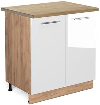 Vicco Meuble Bas sous-évier Fame-Line, Blanc Haute Brillance/Chêne de Force doré, 80 cm, PT Chêne