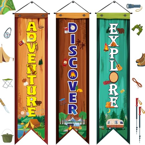 Chiisong Camping-Party-Banner, Camping-Tür, Veranda, Schild, Camping-Party-Dekoration, Camper, Abenteuer, Willkommensbanner für Camping, Motto-Party, Klassenzimmer, Campingplatz-Dekorationen, 3 Stück