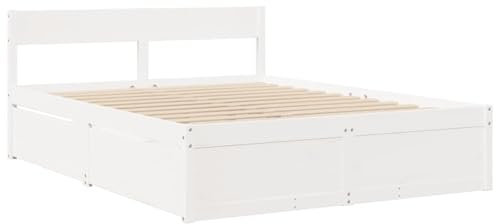 vidaXL Massivholzbett, Holzbett Bett mit Schubladen Kopfteil, Bettgestell Bettrahmen mit Lattenrost, Doppelbett für Schlafzimmer, Weiß 160x200cm Kiefer