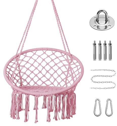 Goutime Hängesessel, Makramee-Hängeschaukel mit Hardware-Kit, Boho-Schaukeln für Erwachsene, für draußen, Terrasse, Balkon, Schlafzimmer (Rosa (Kissen sind nicht im Lieferumfang enthalten)
