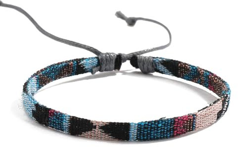 TRIPLE K&S Surfer armband Herren & Damen • 100% Wasserfest & Handmade • Perlen-Armband Boho Stoff-Armband • Hippie Sommer Strand-Schmuck (Black & Teal Stripes)