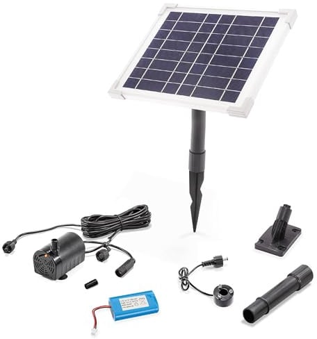 Esotec Teichpumpe 6/140 LED + Akku, Solarpumpe Wasserspiel Fontäne 101921 | 6Wp Solarmodul, LiFePO4 Akku 1,5Ah, 140l/h, 65cm Förderhöhe, LED 3000K, 3m Kabel, Durchflussregler, Brunnenpumpe, Wasserspiel