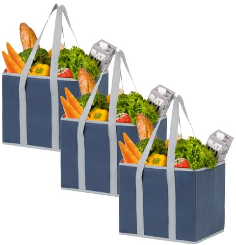 VENO 3 Pack Reusable Grocery Bags, Shopping Bags for groceries, Utility Tote with Handles and Hard Bottom, Foldable Shopping Cart Organizer, Multi-Purpose, Heavy-Duty (Dark Blue, 24 Liter-3 Pack)