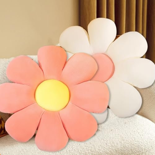 Lot de 2 coussins de sol en peluche en forme de fleur - Coussin de sol en forme de fleur - Coussin de canapé en peluche - Pour chambre d'enfant, maison, canapé - 40 cm x 40 cm - Blanc et rose