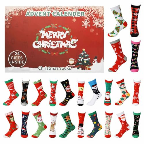 Adventskalender der Weihnachtssocken 2024 | Socken Set für Männer und Frauen, Weihnachts-Countdown-Kalender, 24 Tage Weihnachtssocken – 12 Paar