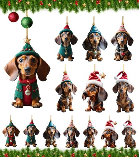 TAKONE 14 Stück Dackel Deko, 2D Acryl Flach Dackel Anhänger, Perfekt als Tannenbaumschmuck und Weihnachtsdeko fürs Auto