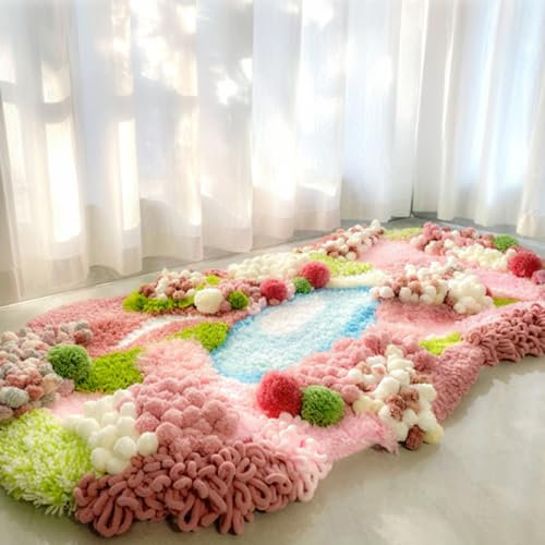 RIDEONMOP Moss Rug DIY Latch Hook Kits for Bedroom Bathroom Drawing Room, 51x27 Hand-embroidery Large Moss Rug, Furry Plush Soft Cute Moss Rug Flowers for Woman, River A