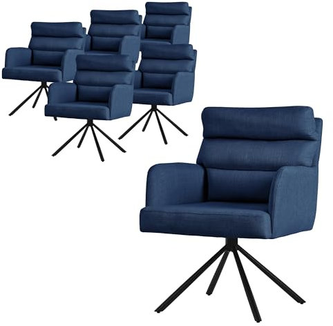 ML-Design Esszimmerstühle drehbar 6er Set Dunkelblau, Wohnzimmerstühle mit Arm- und Rückenlehne, Drehstühle Auto-Position, Polsterstühle mit Polyesterbezug & Rückenkissen, Küchenstühle mit Metallbeine