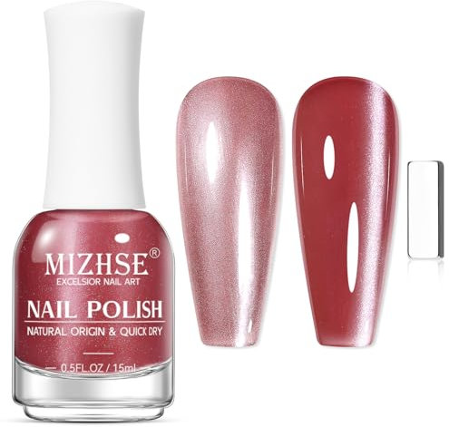 MIZHSE Kirschrot Cat Eye Nagellack Ohne UV TPO HEMA Frei Nagellack Schnelltrocknend mit Breiten Hellen Cateye Effekt, Cat Eye Nail Polish, CatEye Nagelack Ohne UV Lampe, Reflektierendes Glitzer 15ML