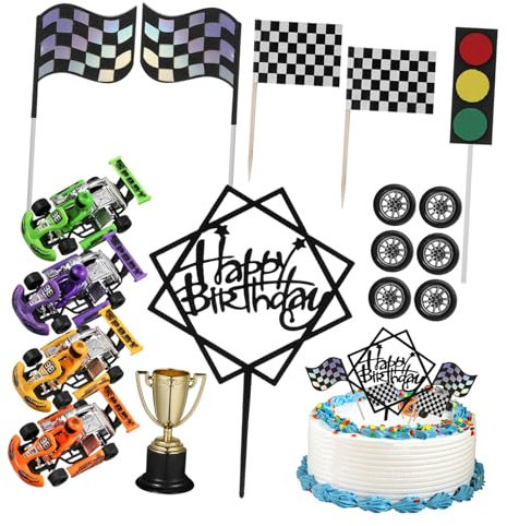 WOONEKY 23 Pcs Racing Car Cake Toppers Set for Kids Birthday Party Decorations Includes Race Flag and Truck Cake Decor for Car-Themed Celebrations Random Color