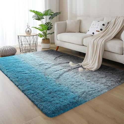 AIMECO Großer Türkis-Grau Farbverlauf Flauschig Hochflor Teppich 200x300cm | Anti-Rutsch Leichtgewichtig, Skandinavischer Stil, Ideal für Wohnzimmer & Schlafzimmer