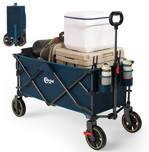 Portal Bollerwagen faltbar XXL Große Ladefläche 120kg belastbar Handwagen mit Getränkehalter Seitentasche Transportwagen Leiterwagen klappbar Strandwagen Faltwagen für Garten Camping Festival