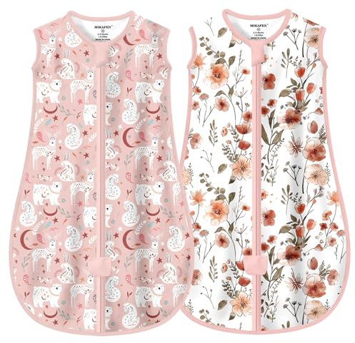 MIKAFEN Lot de 2 Gigoteuses d'été pour bébé 0,5 Tog, 100% Coton, Gigoteuse d'été pour Enfants pour garçons et Filles, Animaux et Fleurs Roses, 0-6 Mois