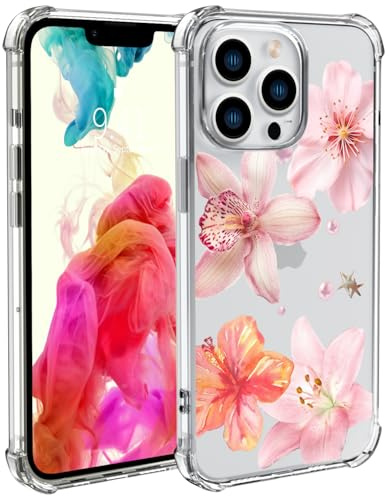 Wihytec Pink Lily Flowers Phone Case for iPhone 13 Pink Lily Case Cover Clear Phone Case Four Corner Reinforced Shockproof Girly Women Phone Cover Transparent Case