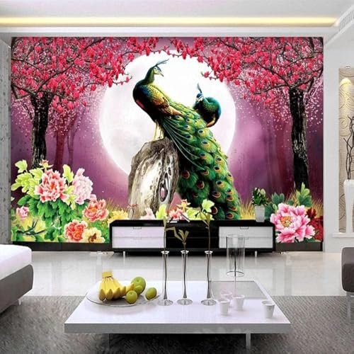 Peacock Moon Red Flowers Trees 3D Wallpaper Feature Office Living Room Sofa Bedroom TV Background Wall Decoration-150cm×105cm