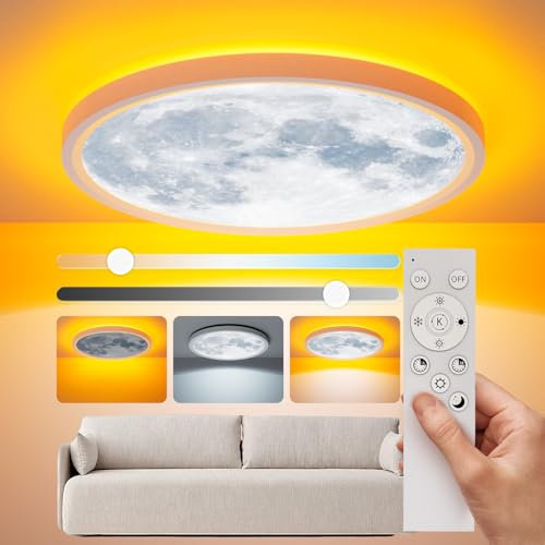 Aphyni Mondlicht Deckenlampe LED Ø40cm, 33W Dimmbar Deckenleuchte Mit Nachtlicht, 3000-6500K 4000LM IP44 Wasserdicht Lampe Mit Timer Speicherfunktion für Schlafzimmer Kinderzimmer Flur Küche Esszimmer