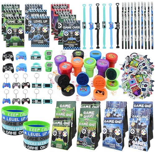 PATEMZON Gadget Compleanno Bambini Videogiochi, 128 Pezzi Bomboniere Festa, Includere Sacchetti Regalo, Braccialetti Silicone, Mini Blocco Note, Portachiavi, Timbri, Adesivi, Festa Compleanno