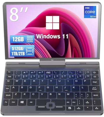 CYMINILMDPC Mini-Laptop 8 Zoll 2-in-1-Handheld-Computer Alder Lake N150 Tragbarer Handheld-Computer 12 GB DDR5, Gigabit, Wi-Fi 6, BT5.2, 2-MP-Kamera, PD 30 W Aufladen Win11 Pro