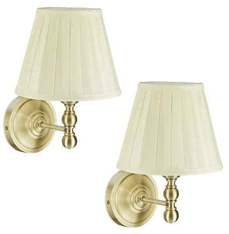 Relaxdays Wandlampe, 2er Set, Stoff-Schirm, antikes Design, E14, Wandleuchte, HBT: 30x20x23,5cm, elfenbeinweiß/Messing