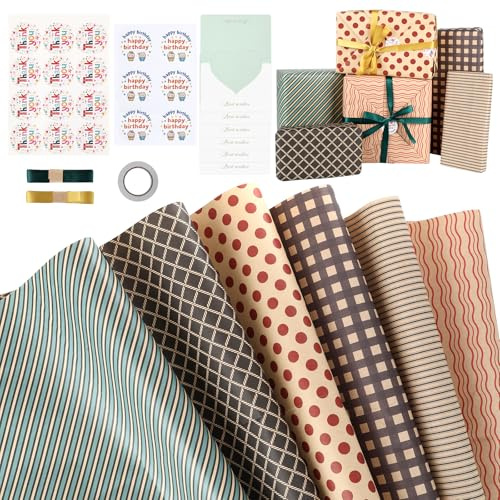 6 Stück Geschenkpapier, 70 x 50cm Geschenkpapier Geburtstag, Weihnachtsgeschenkpapier mit 2 Seidenband und 6 Grußkarten, Wrapping Paper für Taufe, Geburtstag, Hochzeit und Weihnacht