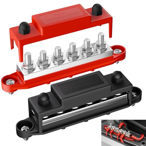 Joinfworld Bus Bar 400A 12V Power Distribution Block 6 x 5/16(M8) Studs 48V Marine Bus Bar 12 Volt Battery Busbar Copper Terminal Block for Automotive, Car, Boat, Solar Wiring - Negative&Positive