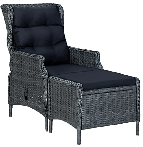 Gartensessel verstellbar mit Fußhocker,Poly-Rattan auf Stahlrahmen,Mit Liegefunktion & Kissen,gartenstuhl hochlehner verstellbar,relaxsessel garten,Für Terrasse Garten Balkon,Dunkelgrau,57x88x100 cm