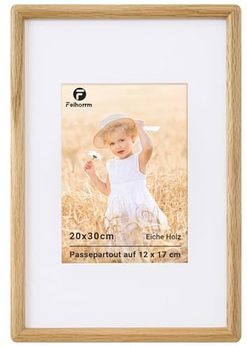 Feihorrm Bilderrahmen 20x30, Eichenholz Fotorahmen mit Gehärtetem Glas | Rahmen mit Passepartout für 12x17 Foto, Bilderrahmen Holz für Wohnzimmer, Schlafzimmer, Büro, Wandmontage