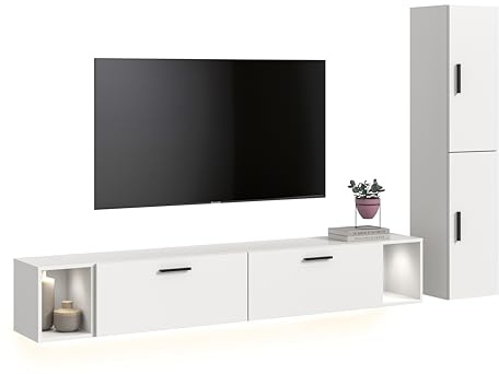 xonox.home – Wohnkombination inkl. Beleuchtung The One 259x182x34 cm in Weiß – Schrankwand mit 2 Türen, 2 Klappen & LED-Licht – 10 Fächer schaffen viel Platz & EIN stimmungsvolles Wohnzimmer-Ambiente