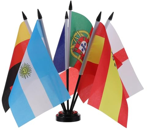 FONDOTIN Juego de 6 Pequeñas Banderas de Países con Base de Plástico Negro para Escritorio, Decoración Multinacional 2026, Banderas de Mesa España, Francia, Inglaterra, Reutilizable
