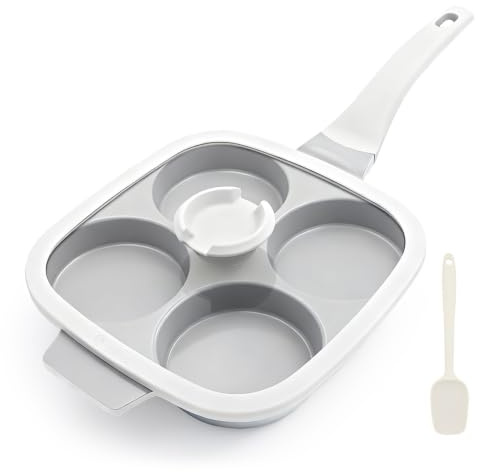 Bobikuke Sartén Tortitas Cerámica de 4 Agujeros con Tapa, Blanco | Cuatro huecos para huevos y tortitas; cerámica antiadherente, tapa y compatibilidad con cocinas de gas e inducción.