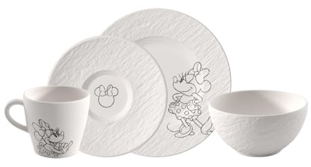 Villeroy & Boch Manufacture Rock blanc – Mickey Mouse – Frühstücks-Set, 4-teilig, weiß, spülmaschinenfest & mikrowellensicher, Schieferoptik mit Mickey Mouse Kreidedekor, Premium Porzellan