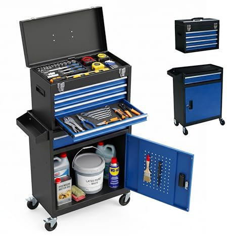 Relaxdays Werkstattwagen, 5 Schubladen & Aufsatzbox, abschließbar, HBT: 104x59,5x28 cm, Rollwagen, Stahl, schwarz-blau