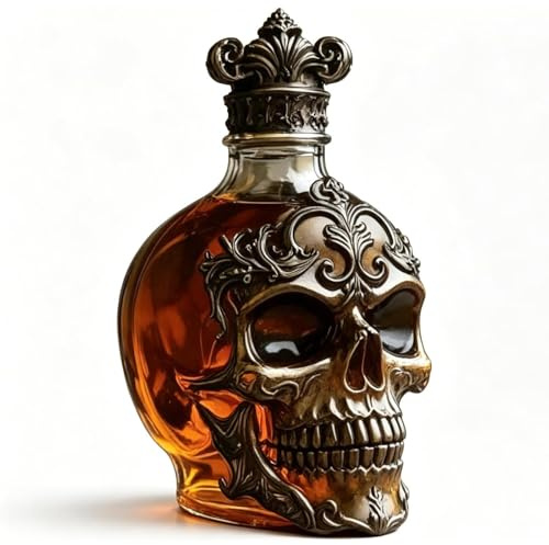 Introti Vintage Gothic Totenkopf Dekanter mit geprägtem Totenkopf-Design und Kronenstopper Flasche Likör-Dekanter für Männer Geburtstag Ruhestand Home Bar Dekor