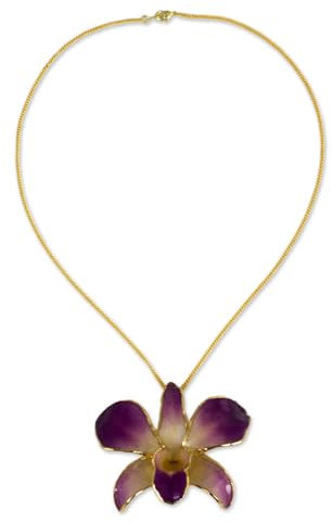 NOVICA Artisan Handmade Natural Orchid Brooch Pin Necklace Gold Plated Flower Pendant Leaf Thailand Floral [17.75 in L Pendant(s) 2.2 in L x 2.6 in W x 1.1 in D] ' Orchid Fantasy'