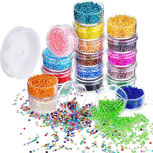 16000 Pièces Perles de Graines de Verre 20 Couleurs 2 mm Perles de Poney d'argent Petites Perles d'Espacement en Boîte de Récipient avec 18 m de Corde de Chaîne en Cristal Élastique